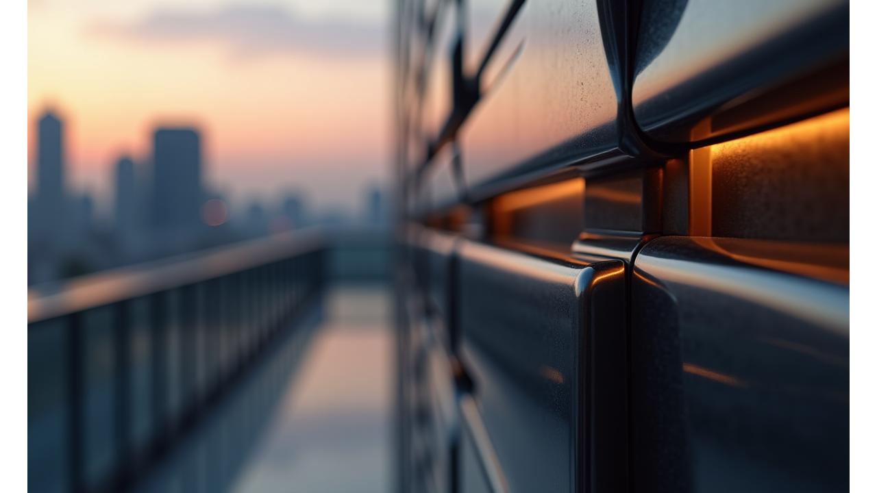 강남의 도시 풍경과 금속 공예의 섬세함이 어우러진 배경 이미지