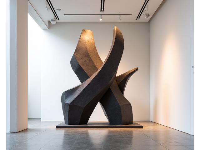 청담동 갤러리에 설치된 대형 금속 추상 조각 작품