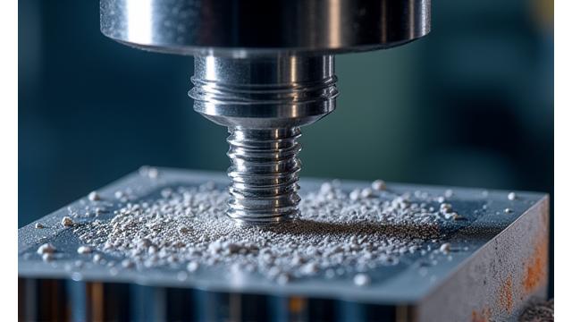 밀링 머신이 금속 블록에서 칩을 제거하며 정밀하게 가공하는 모습